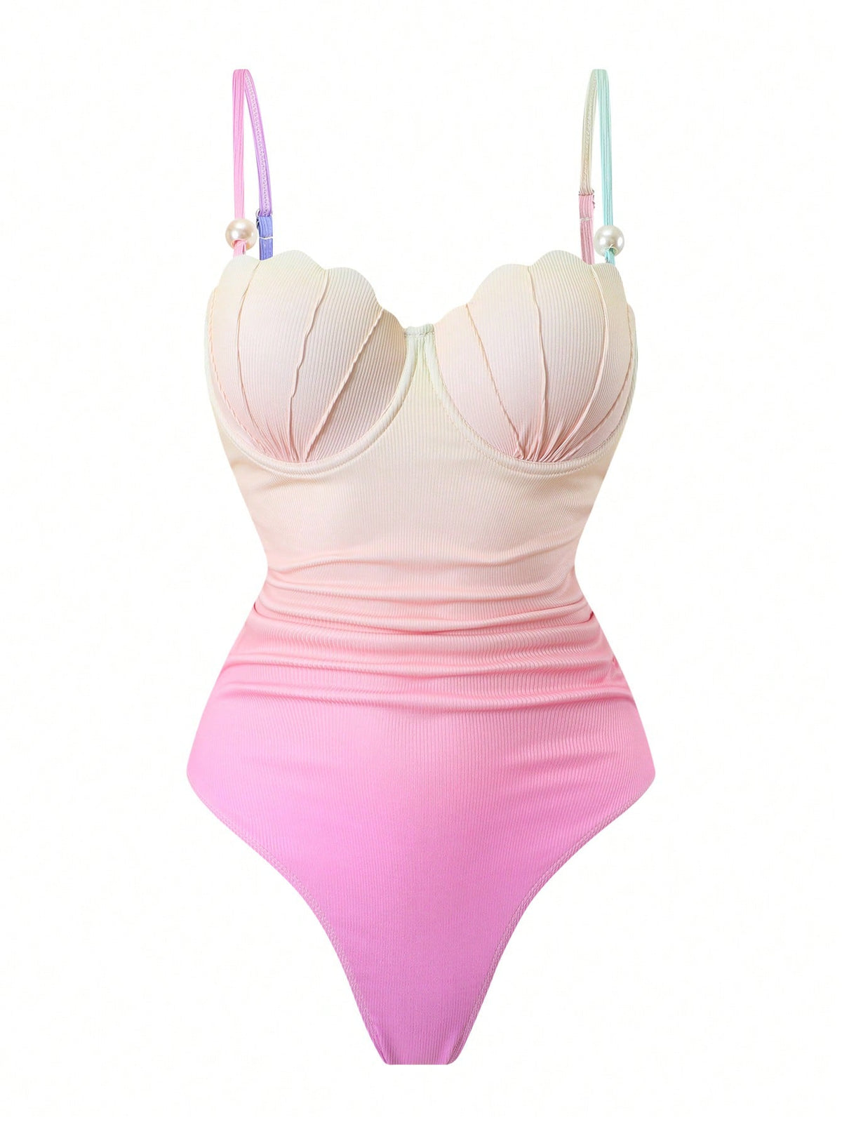 Swim Oasis Spring/Summer Gradient Color Block Shell Design Adjustable Dual Strap Fitted Ruched Side Slit Bodycon Skirt High Fashion Women Swimsuit 2-Piece Set