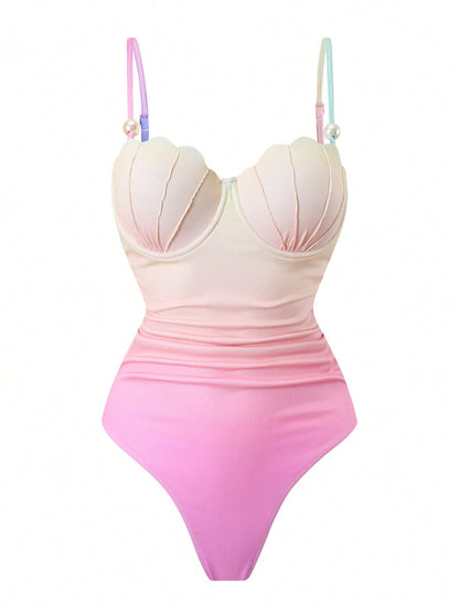 Swim Oasis Spring/Summer Gradient Color Block Shell Design Adjustable Dual Strap Fitted Ruched Side Slit Bodycon Skirt High Fashion Women Swimsuit 2-Piece Set