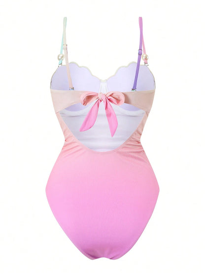 Swim Oasis Spring/Summer Gradient Color Block Shell Design Adjustable Dual Strap Fitted Ruched Side Slit Bodycon Skirt High Fashion Women Swimsuit 2-Piece Set