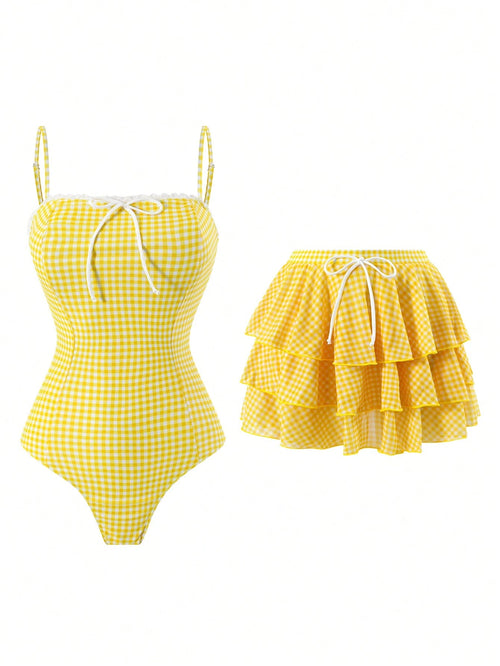 Swim Oasis Summer Beach Women 2pcs Set One-Piece Coffee Checkered Print Bandeau Ruffle Swimsuit + Mesh Tiered Skirt Elegant Seaside Swimwear Set