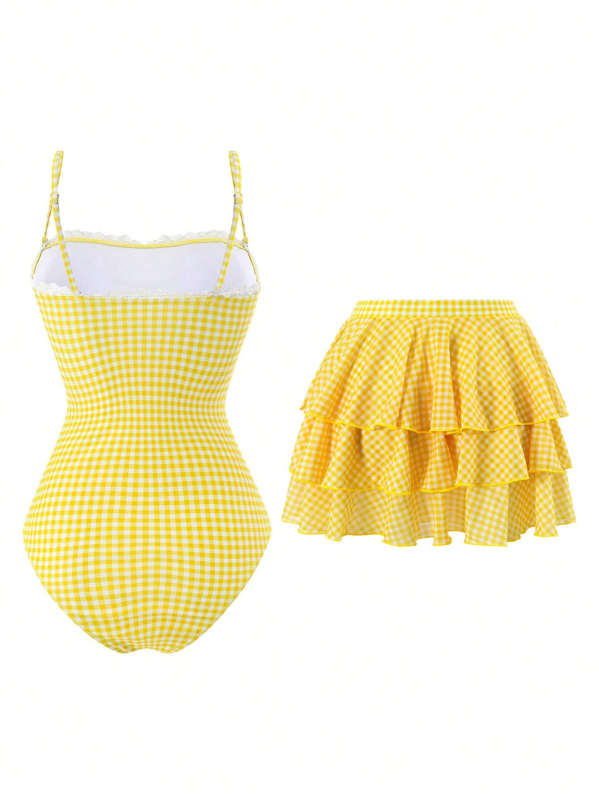 Swim Oasis Summer Beach Women 2pcs Set One-Piece Coffee Checkered Print Bandeau Ruffle Swimsuit + Mesh Tiered Skirt Elegant Seaside Swimwear Set