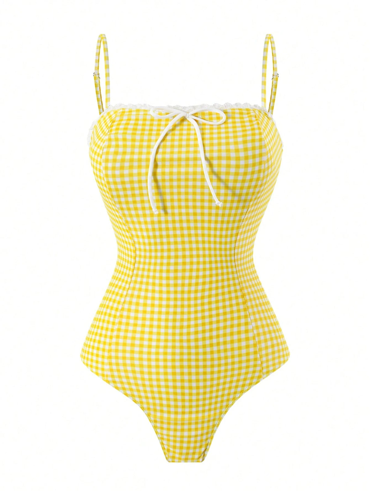 Swim Oasis Summer Beach Women 2pcs Set One-Piece Coffee Checkered Print Bandeau Ruffle Swimsuit + Mesh Tiered Skirt Elegant Seaside Swimwear Set