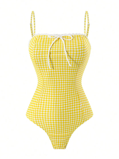 Swim Oasis Summer Beach Women 2pcs Set One-Piece Coffee Checkered Print Bandeau Ruffle Swimsuit + Mesh Tiered Skirt Elegant Seaside Swimwear Set