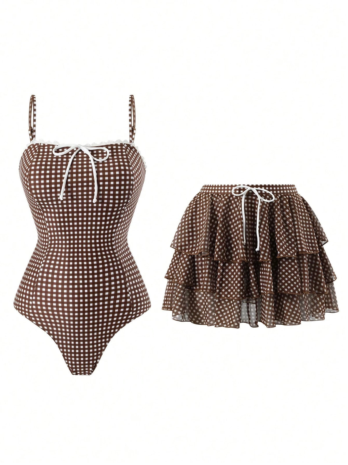 Swim Oasis Summer Beach Women 2pcs Set One-Piece Coffee Checkered Print Bandeau Ruffle Swimsuit + Mesh Tiered Skirt Elegant Seaside Swimwear Set