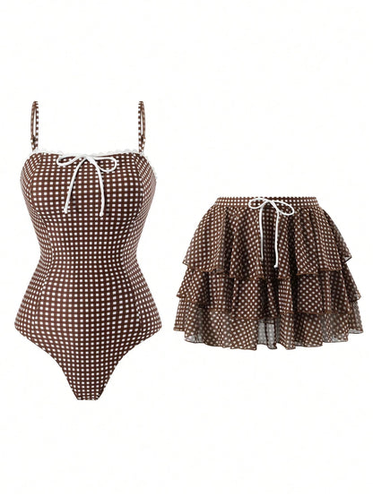 Swim Oasis Summer Beach Women 2pcs Set One-Piece Coffee Checkered Print Bandeau Ruffle Swimsuit + Mesh Tiered Skirt Elegant Seaside Swimwear Set