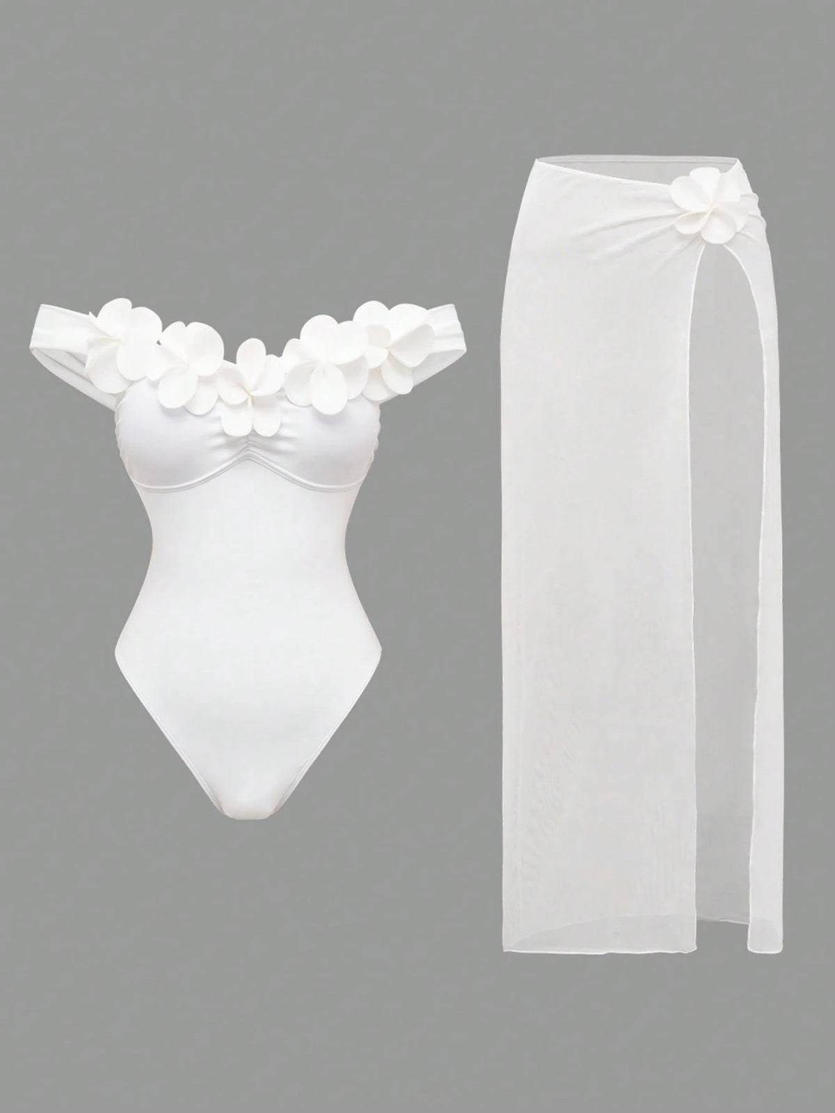 Swim Oasis White Mesh Skirt & Handmade Flower Trim Underwire Bodysuit,2-Piece Set For Summer,Elegant Holiday Beach Party,Holiday Vacation Cropped Top,White
