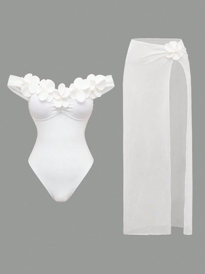 Swim Oasis White Mesh Skirt & Handmade Flower Trim Underwire Bodysuit,2-Piece Set For Summer,Elegant Holiday Beach Party,Holiday Vacation Cropped Top,White