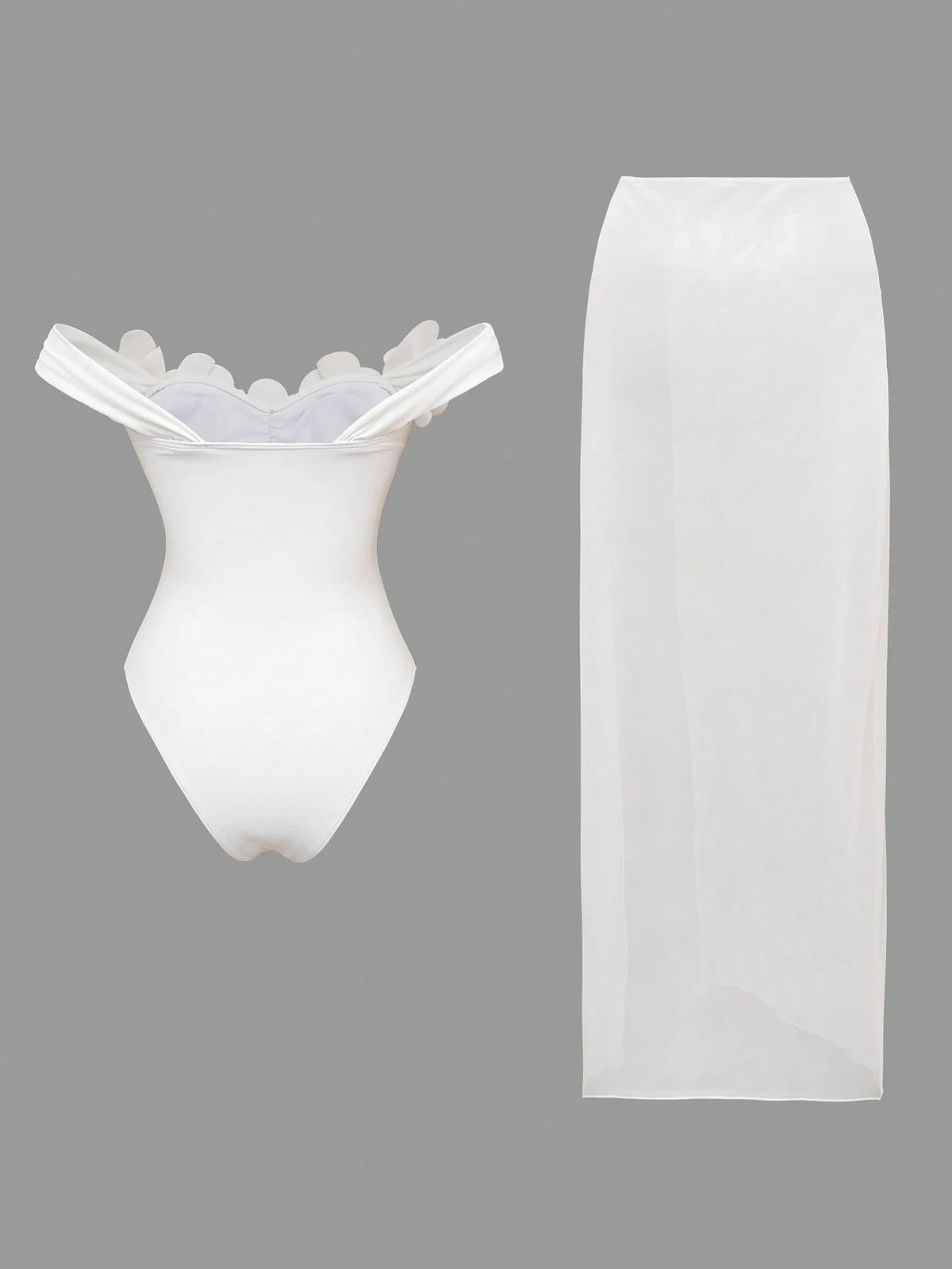 Swim Oasis White Mesh Skirt & Handmade Flower Trim Underwire Bodysuit,2-Piece Set For Summer,Elegant Holiday Beach Party,Holiday Vacation Cropped Top,White