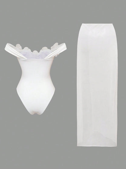 Swim Oasis White Mesh Skirt & Handmade Flower Trim Underwire Bodysuit,2-Piece Set For Summer,Elegant Holiday Beach Party,Holiday Vacation Cropped Top,White