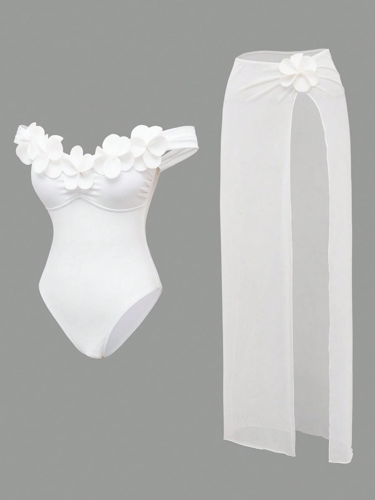 Swim Oasis White Mesh Skirt & Handmade Flower Trim Underwire Bodysuit,2-Piece Set For Summer,Elegant Holiday Beach Party,Holiday Vacation Cropped Top,White