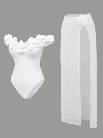 Swim Oasis White Mesh Skirt & Handmade Flower Trim Underwire Bodysuit,2-Piece Set For Summer,Elegant Holiday Beach Party,Holiday Vacation Cropped Top,White