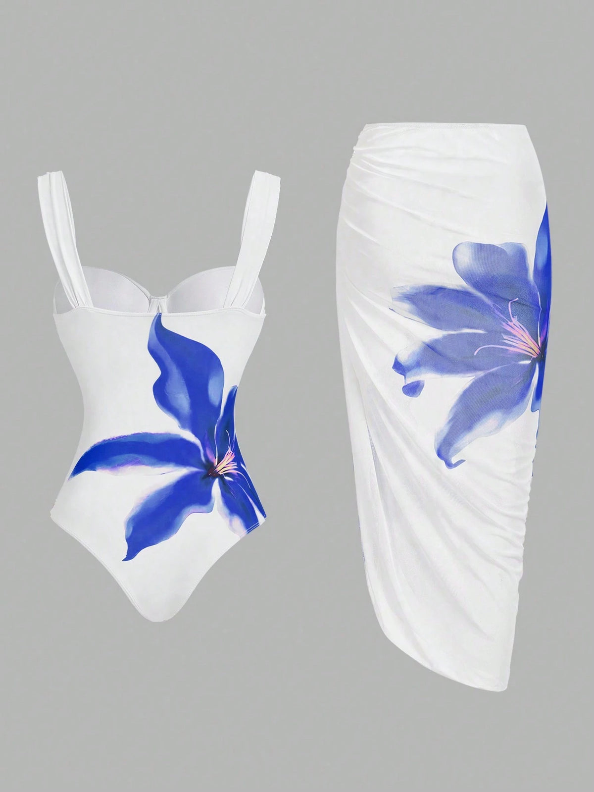 Swim Oasis Women Floral Printed Spaghetti Strap One-Piece Swimsuit With Ruffle Coverup & Skirt, Summer Beach Resort'