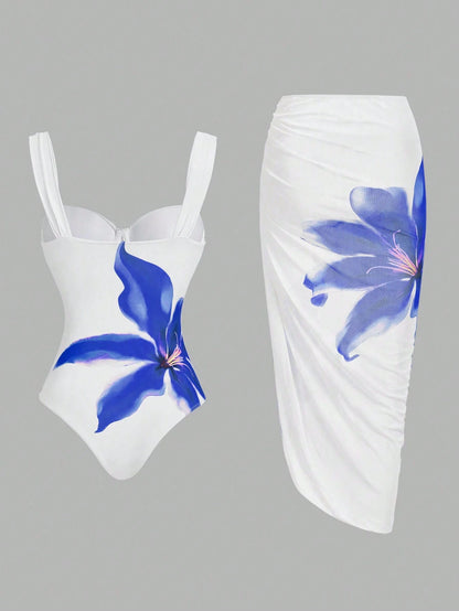 Swim Oasis Women Floral Printed Spaghetti Strap One-Piece Swimsuit With Ruffle Coverup & Skirt, Summer Beach Resort'
