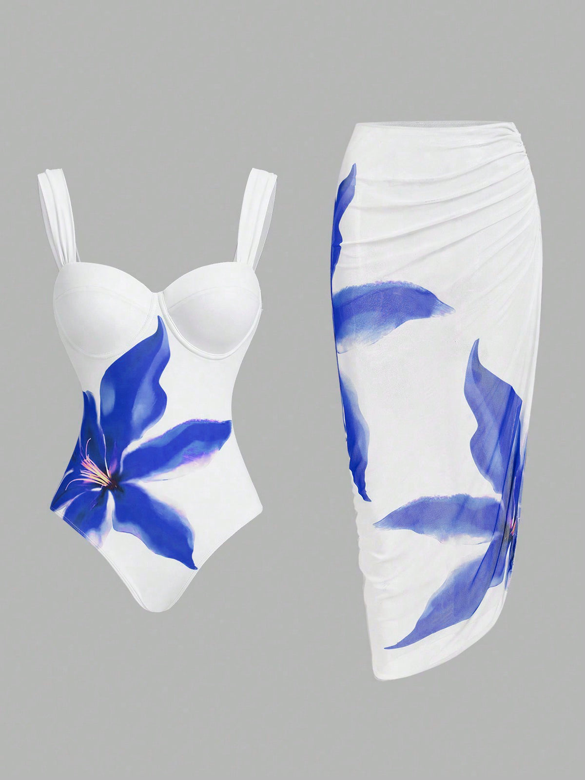 Swim Oasis Women Floral Printed Spaghetti Strap One-Piece Swimsuit With Ruffle Coverup & Skirt, Summer Beach Resort'