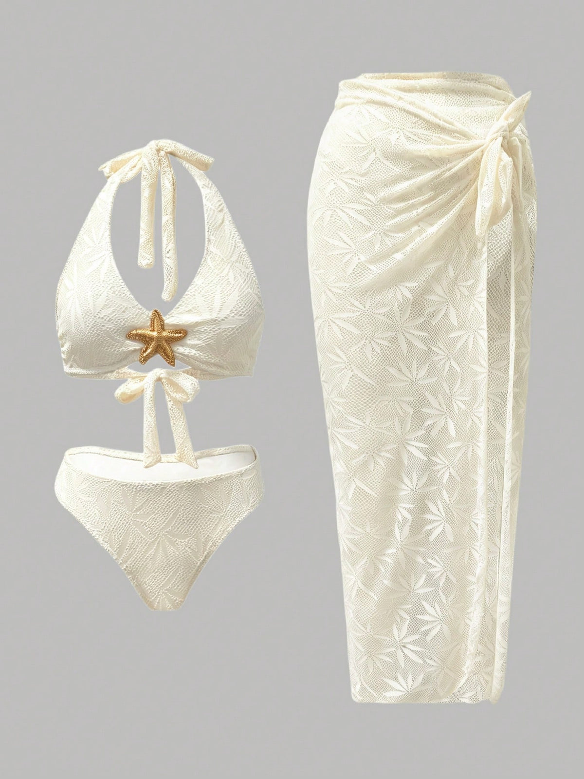 Swim Oasis Women's 3 PiecesHollow Starfish Decor Elegant Vacation Bikini Set With Cover-Up