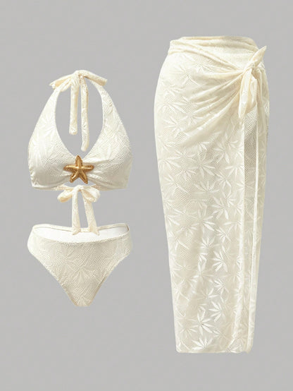 Swim Oasis Women's 3 PiecesHollow Starfish Decor Elegant Vacation Bikini Set With Cover-Up