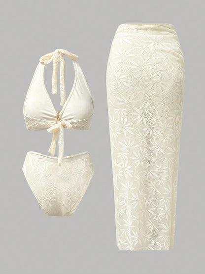 Swim Oasis Women's 3 PiecesHollow Starfish Decor Elegant Vacation Bikini Set With Cover-Up