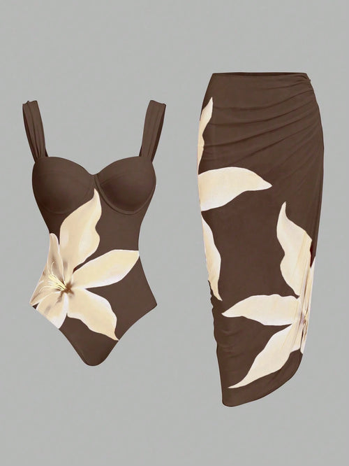 Swim Oasis Women's Brown Floral Print One-Piece Swimsuit With Matching Skirt, Summer Casual Holiday Vacation Holidy Boho 2 Pieces Set Hawaiian Bathing Suit Outfit