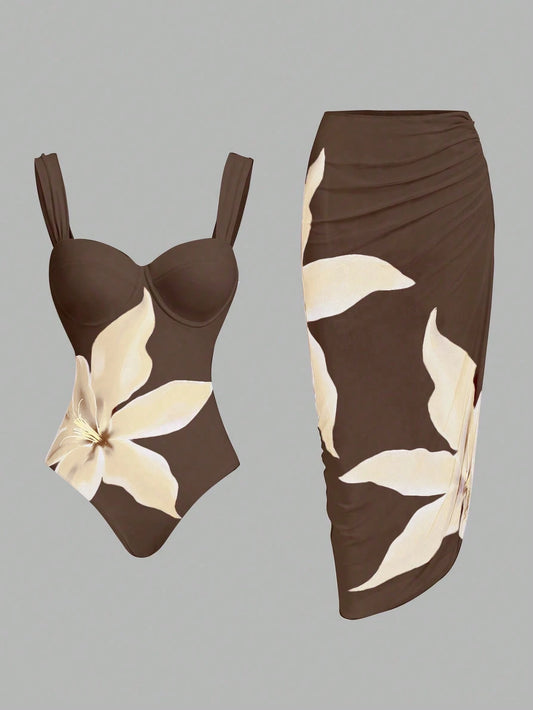 Swim Oasis Women's Brown Floral Print One-Piece Swimsuit With Matching Skirt, Summer Casual Holiday Vacation Holidy Boho 2 Pieces Set Hawaiian Bathing Suit Outfit