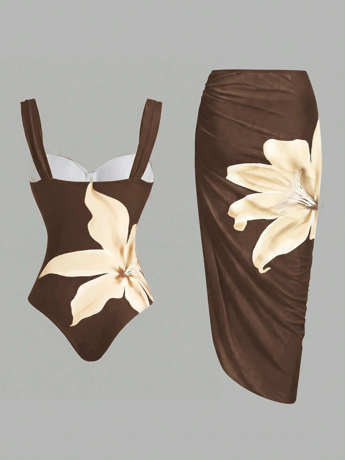 Swim Oasis Women's Brown Floral Print One-Piece Swimsuit With Matching Skirt, Summer Casual Holiday Vacation Holidy Boho 2 Pieces Set Hawaiian Bathing Suit Outfit