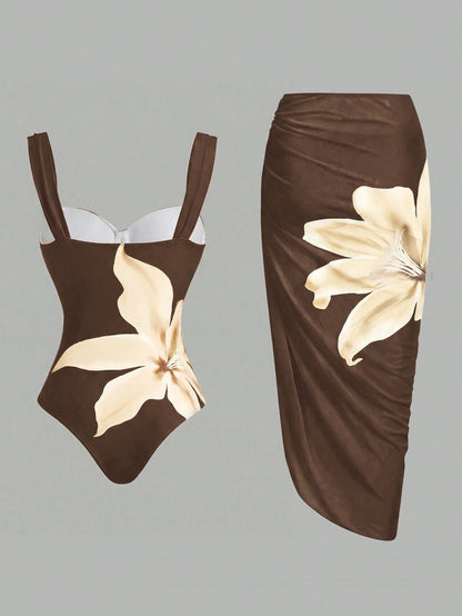 Swim Oasis Women's Brown Floral Print One-Piece Swimsuit With Matching Skirt, Summer Casual Holiday Vacation Holidy Boho 2 Pieces Set Hawaiian Bathing Suit Outfit
