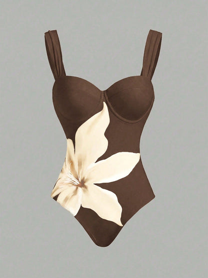 Swim Oasis Women's Brown Floral Print One-Piece Swimsuit With Matching Skirt, Summer Casual Holiday Vacation Holidy Boho 2 Pieces Set Hawaiian Bathing Suit Outfit