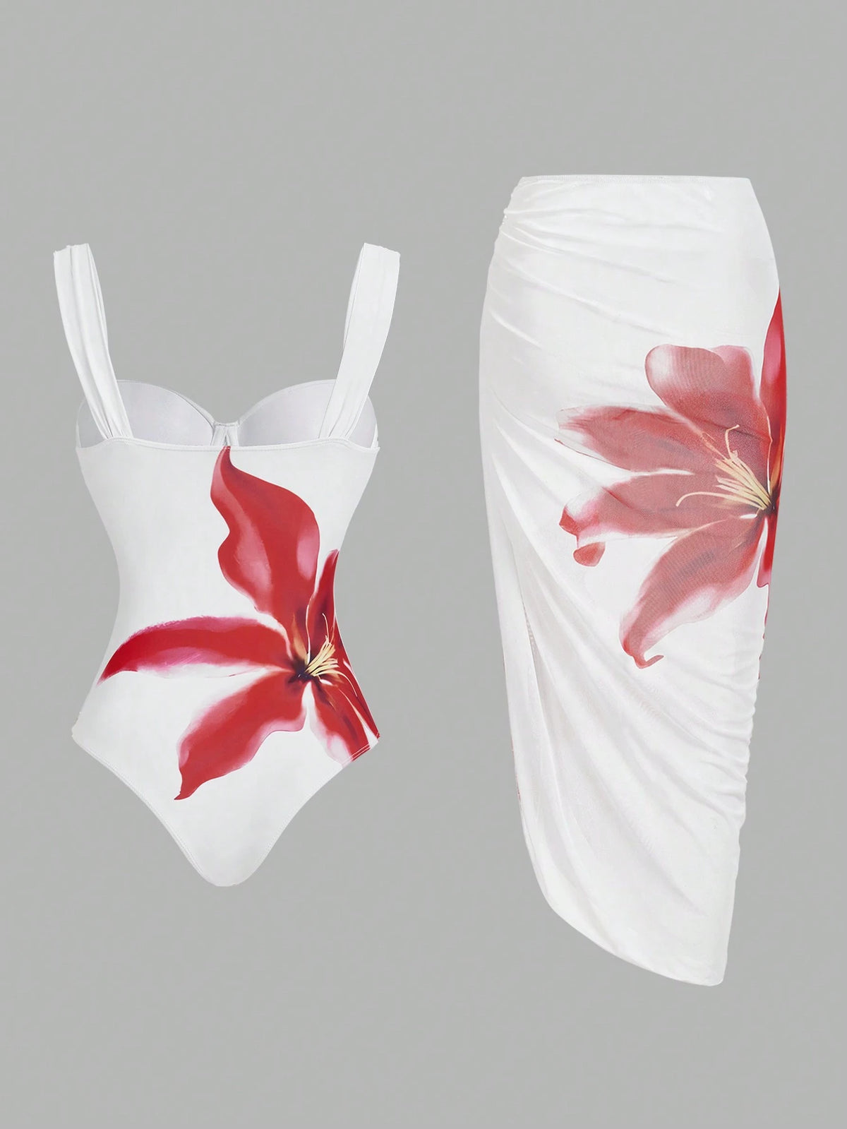 Swim Oasis Women's Brown Floral Print One-Piece Swimsuit With Matching Skirt, Summer Casual Holiday Vacation Holidy Boho 2 Pieces Set Hawaiian Bathing Suit Outfit