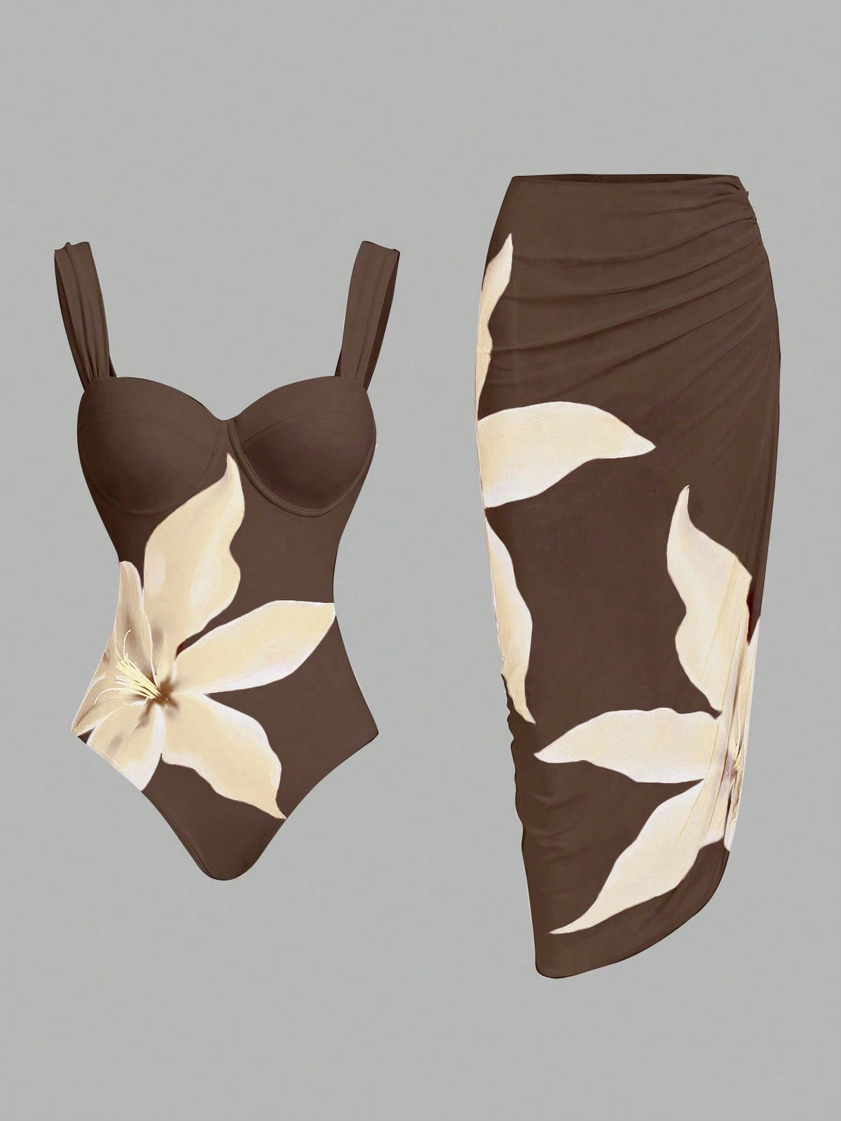 Swim Oasis Women's Brown Floral Print One-Piece Swimsuit With Matching Skirt, Summer Casual Holiday Vacation Holidy Boho 2 Pieces Set Hawaiian Bathing Suit Outfit