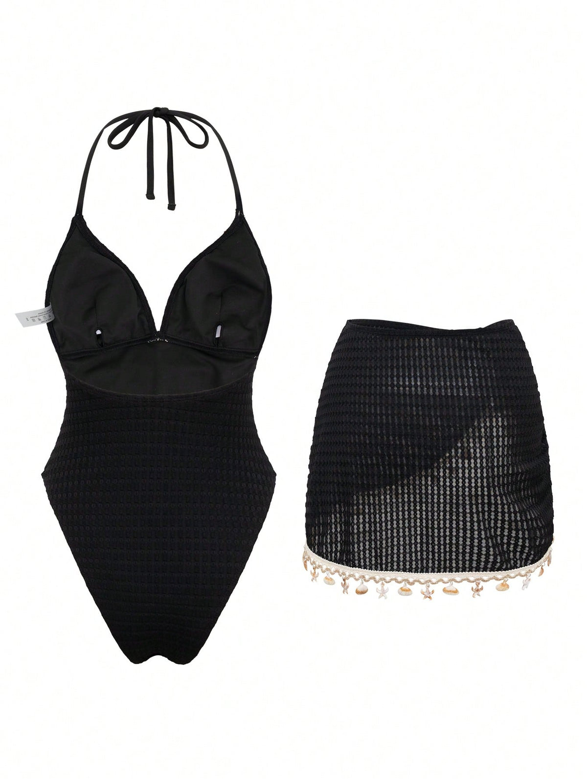 Swim Oasis Women's Solid Color Triangle Bikini Top With Shell Chain, Adjustable Side Drawstring Bottom With Shell Chain Skirt 2-Piece Swimsuit