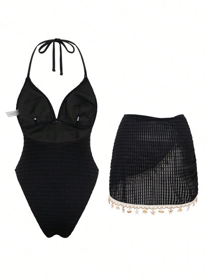 Swim Oasis Women's Solid Color Triangle Bikini Top With Shell Chain, Adjustable Side Drawstring Bottom With Shell Chain Skirt 2-Piece Swimsuit
