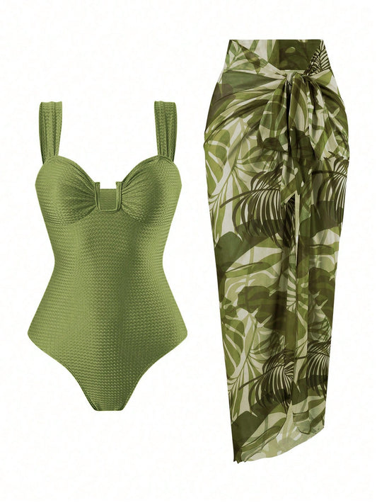 Swim Oasis Women's Summer Elegant Beach Holiday Olive Green Textured U-Neck Cutout Backless Swimwear Set With Premium Printed Mesh Skirt,Festival Boho Holiday