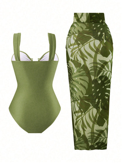 Swim Oasis Women's Summer Elegant Beach Holiday Olive Green Textured U-Neck Cutout Backless Swimwear Set With Premium Printed Mesh Skirt,Festival Boho Holiday