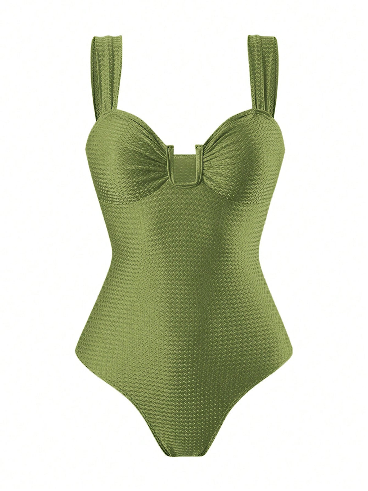 Swim Oasis Women's Summer Elegant Beach Holiday Olive Green Textured U-Neck Cutout Backless Swimwear Set With Premium Printed Mesh Skirt,Festival Boho Holiday