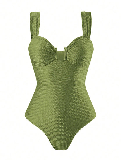 Swim Oasis Women's Summer Elegant Beach Holiday Olive Green Textured U-Neck Cutout Backless Swimwear Set With Premium Printed Mesh Skirt,Festival Boho Holiday