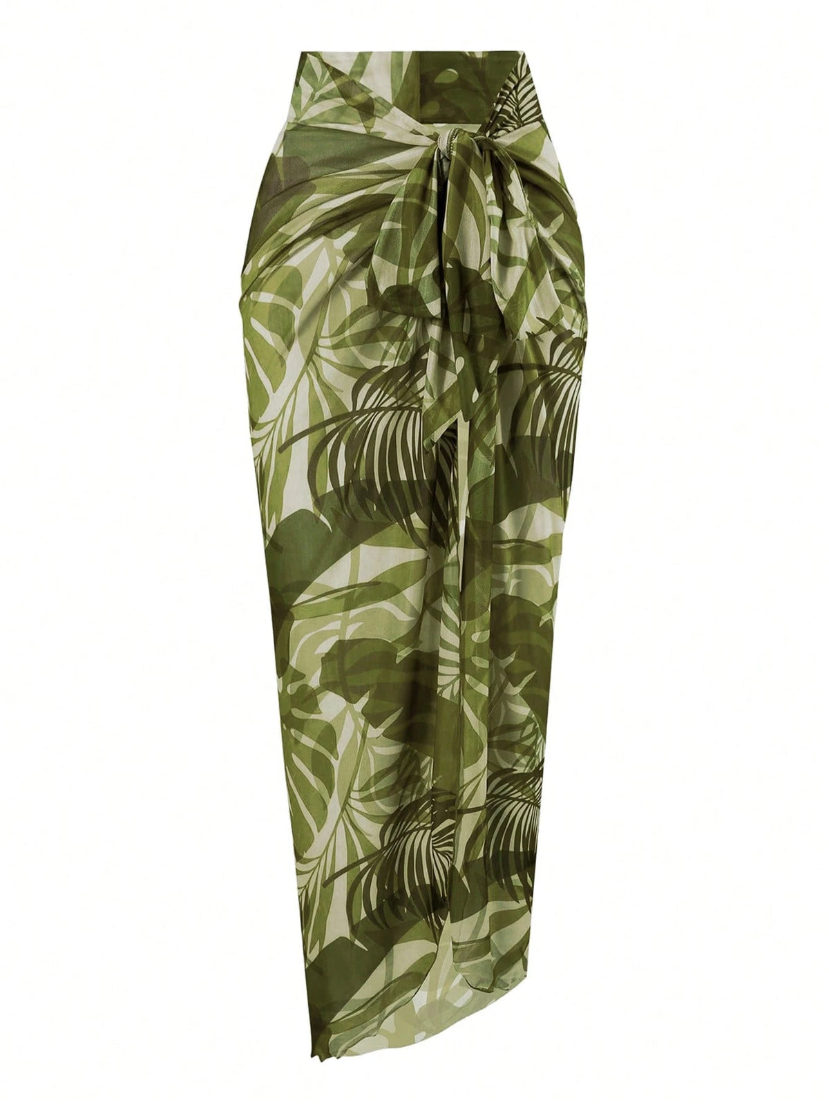 Swim Oasis Women's Summer Elegant Beach Holiday Olive Green Textured U-Neck Cutout Backless Swimwear Set With Premium Printed Mesh Skirt,Festival Boho Holiday