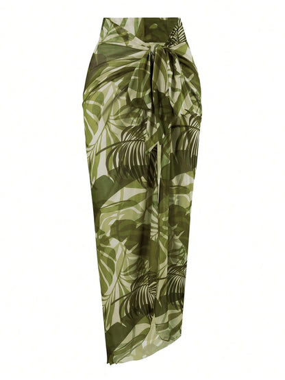 Swim Oasis Women's Summer Elegant Beach Holiday Olive Green Textured U-Neck Cutout Backless Swimwear Set With Premium Printed Mesh Skirt,Festival Boho Holiday