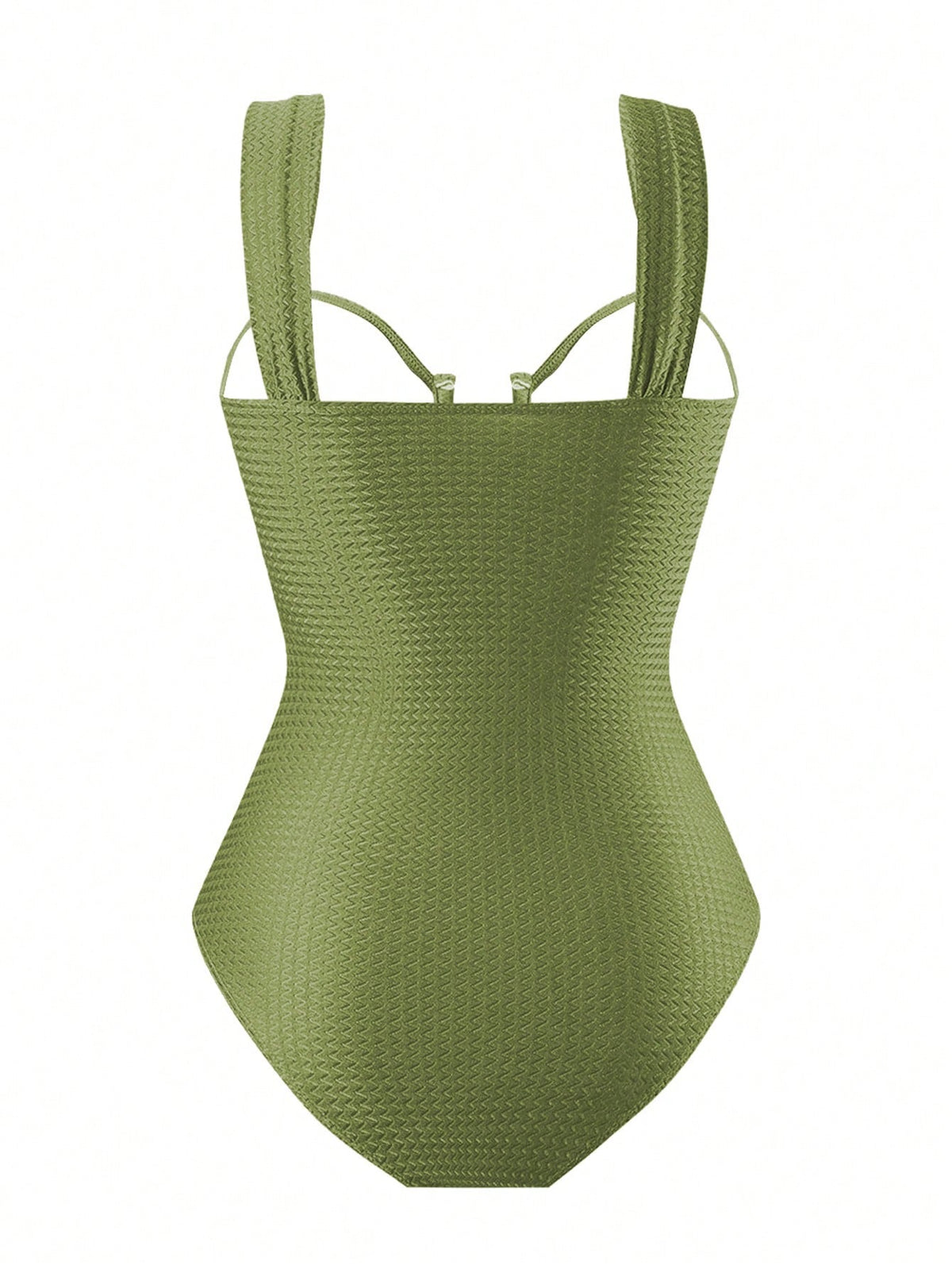 Swim Oasis Women's Summer Elegant Beach Holiday Olive Green Textured U-Neck Cutout Backless Swimwear Set With Premium Printed Mesh Skirt,Festival Boho Holiday