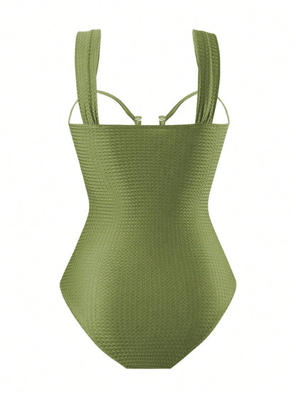 Swim Oasis Women's Summer Elegant Beach Holiday Olive Green Textured U-Neck Cutout Backless Swimwear Set With Premium Printed Mesh Skirt,Festival Boho Holiday
