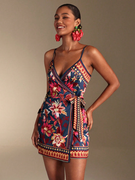 Swim Oasis Women's Vacation Casual Tropical Print Tie-Front Cami Wrap Dress