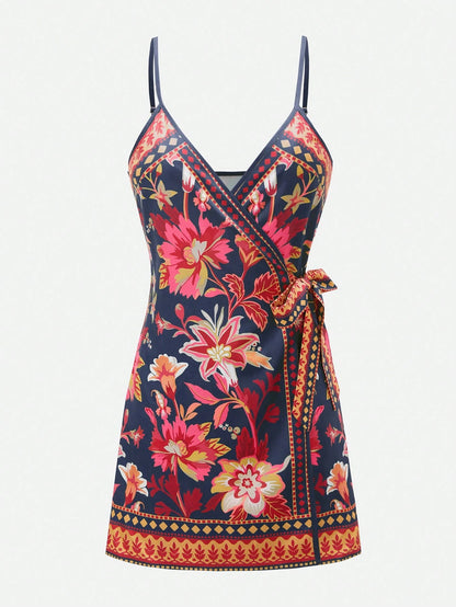 Swim Oasis Women's Vacation Casual Tropical Print Tie-Front Cami Wrap Dress
