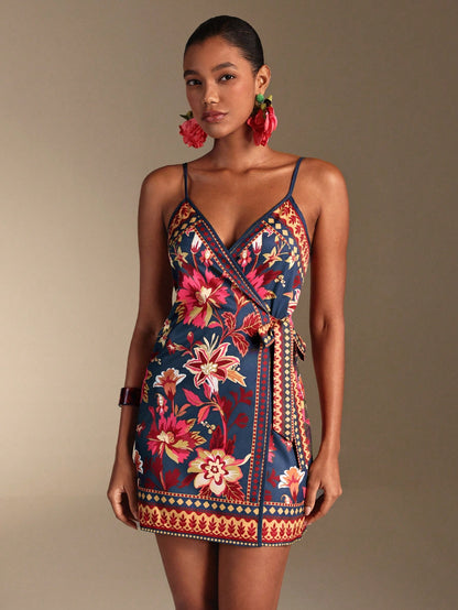 Swim Oasis Women's Vacation Casual Tropical Print Tie-Front Cami Wrap Dress