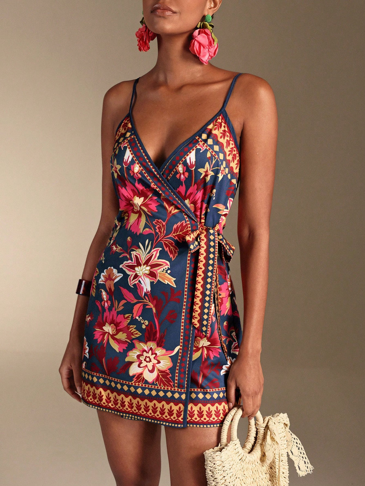 Swim Oasis Women's Vacation Casual Tropical Print Tie-Front Cami Wrap Dress