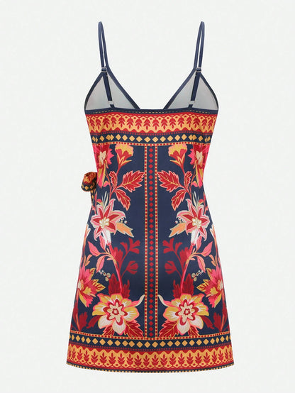 Swim Oasis Women's Vacation Casual Tropical Print Tie-Front Cami Wrap Dress