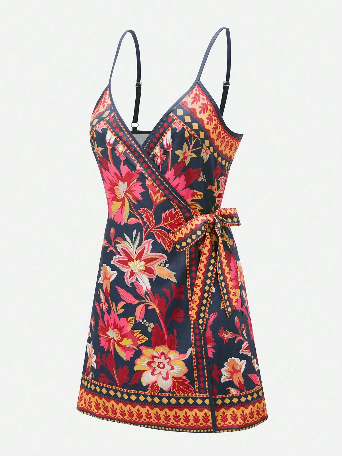Swim Oasis Women's Vacation Casual Tropical Print Tie-Front Cami Wrap Dress