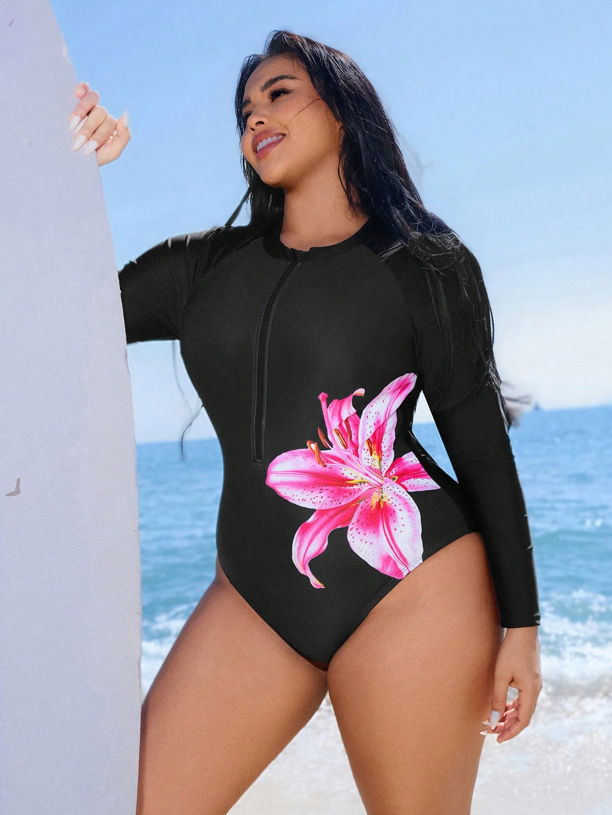 Swim SPRTY Plus Size Women One-Piece Printed Long Sleeve Front Zipper Rash Guard Swimsuit Beach Summer