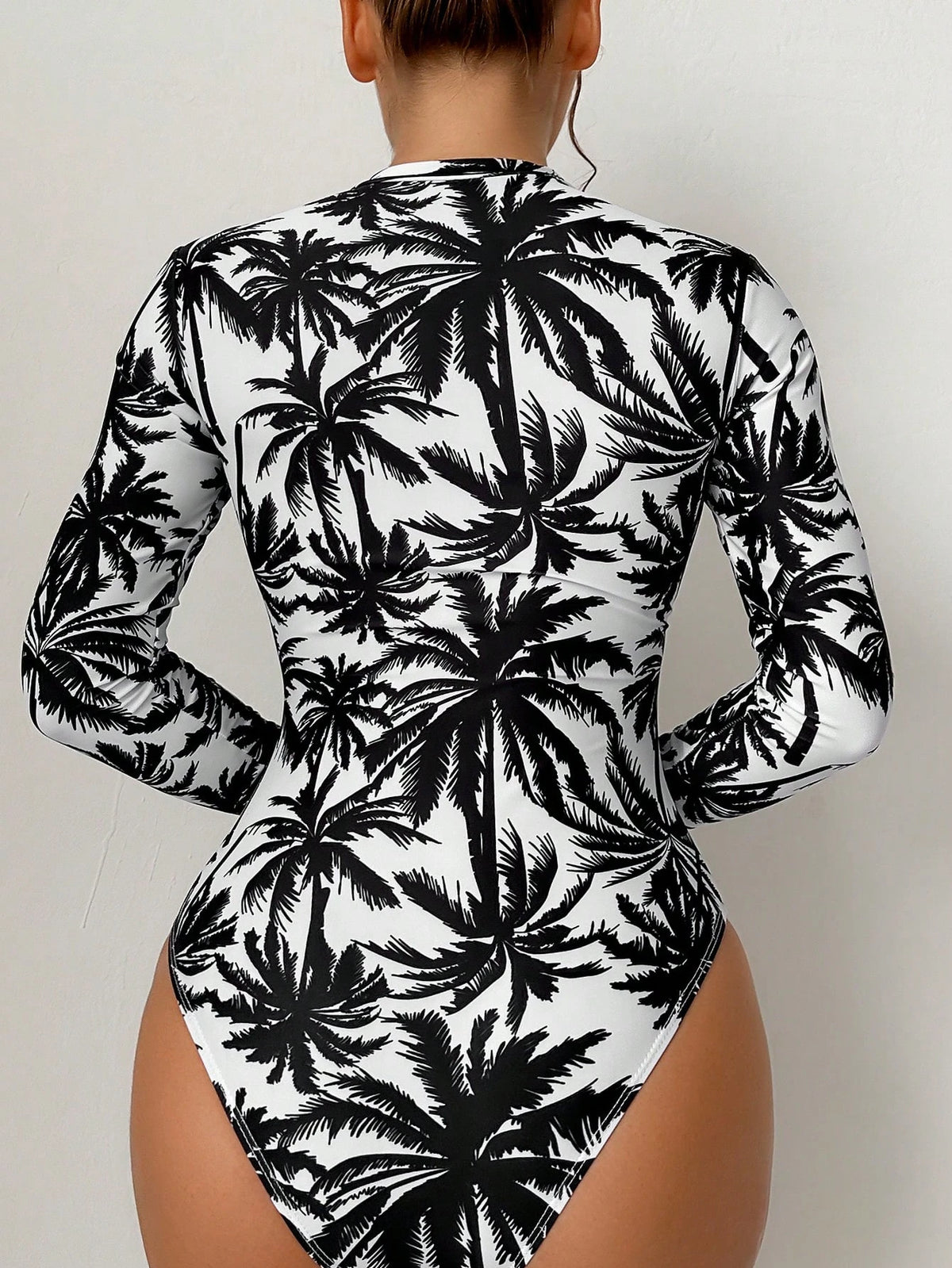 Swim SPRTY Summer Beach Palm Tree Print Zip Up One Piece Swimsuit