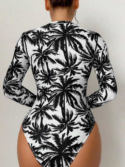 Swim SPRTY Summer Beach Palm Tree Print Zip Up One Piece Swimsuit