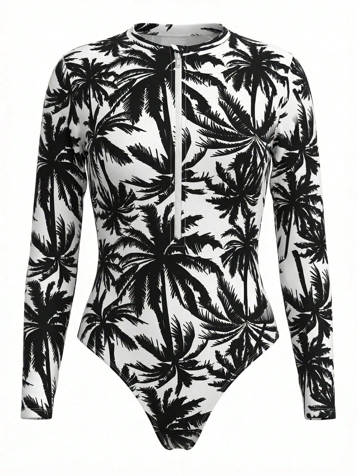 Swim SPRTY Summer Beach Palm Tree Print Zip Up One Piece Swimsuit