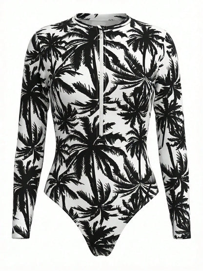 Swim SPRTY Summer Beach Palm Tree Print Zip Up One Piece Swimsuit