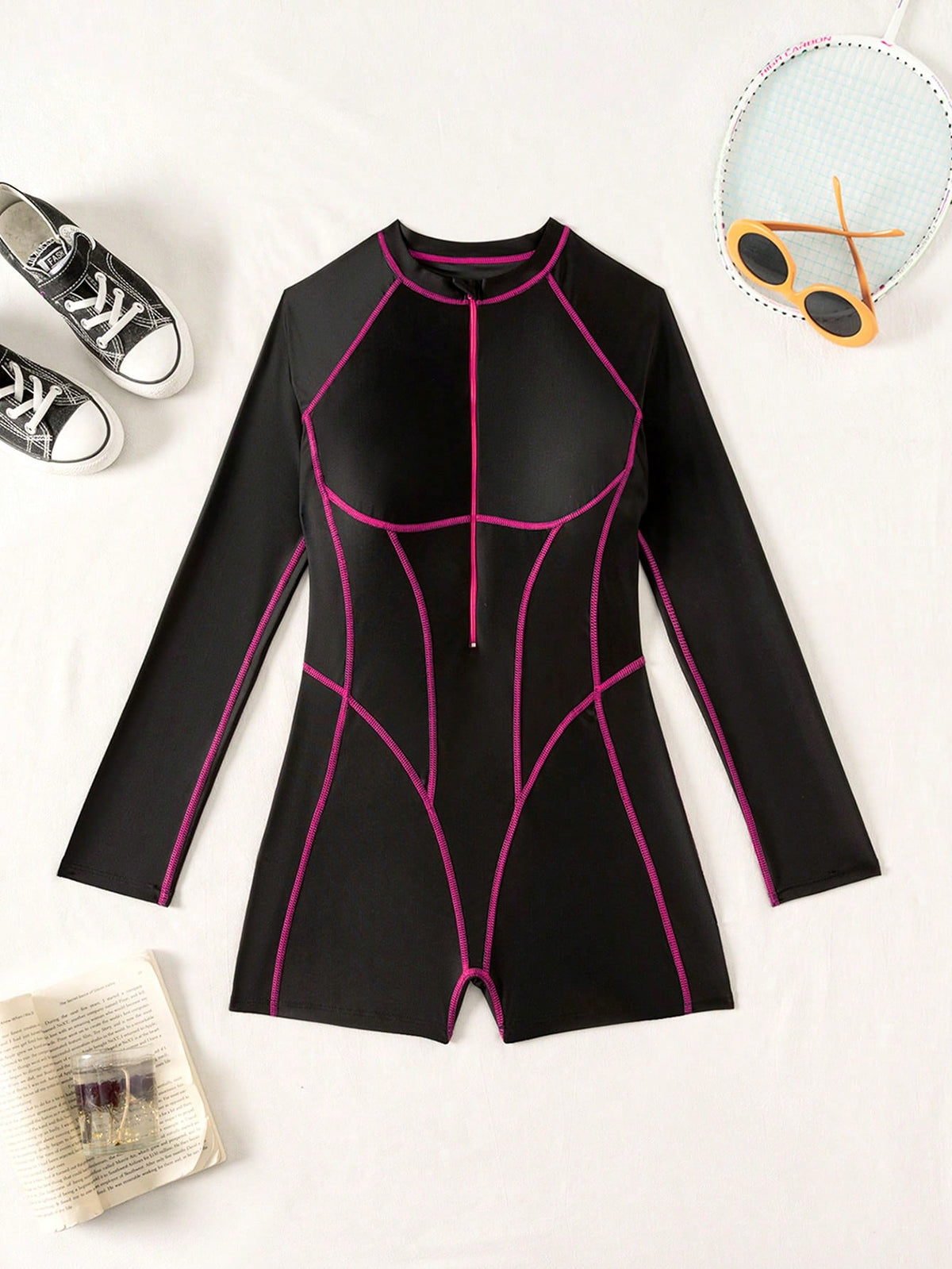 Swim SPRTY Women's One-Piece Splicing Tight Sexy Swimsuit, Fuchsia Color Blocking, Suitable For Swimming Pool, Beach, Surfing, Spring/Summer